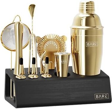 Набір для бармена BARE BARREL® з 14 предметів | Набір шейкерів для коктейлів | Професійний барний інвентар для дому | 35 рецептів + подарунковий набір | Золотий шейкер Cobbler 24oz