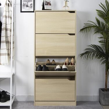 Стеллаж для взуття BAKAJI з МДФ, 4 дверцята, розкладний тримач, вбудовані ручки, подвійна глибина, компактний розмір, Slim 63 x 24 x 150 см, економія місця, для дому, зелений та дуб