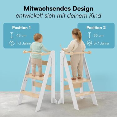 Лернтурм Bellabino Tay – навчальний столик для дітей від 1 року, регульована висота, білий, Монтессорі, з захистом від перекидання, з натурального дерева