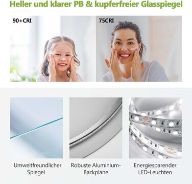 Круглий дзеркало для ванної кімнати з підсвічуванням S'AFIELINA 60 см LED з сенсорним вимикачем, 3 кольори світла (теплий, нейтральний, холодний), регулювання яскравості, 60x60 см