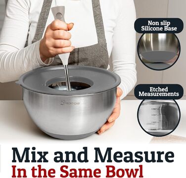 Набір міксерів PriorityChef з нержавіючої сталі з кришками, 3 насадки-терки, герметичні кришки, силіконова антиковзаюча основа, великі кухонні миски для приготування їжі, зелений (сірий)