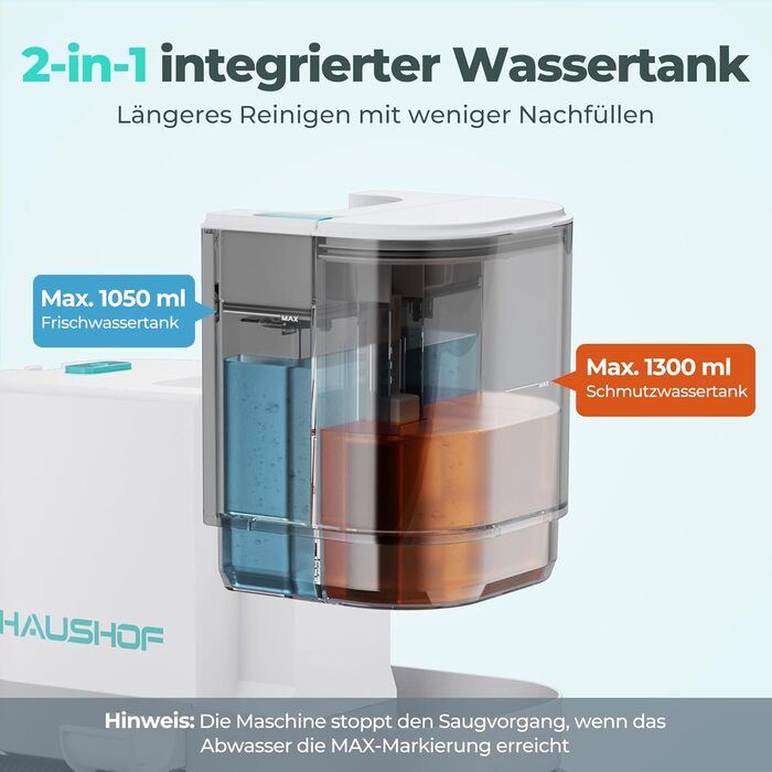 Портативний мийний пилосос для килимів та м'яких меблів HAUSHOF, 13 kPa, 2-в-1, тихий (≤77 dB)
