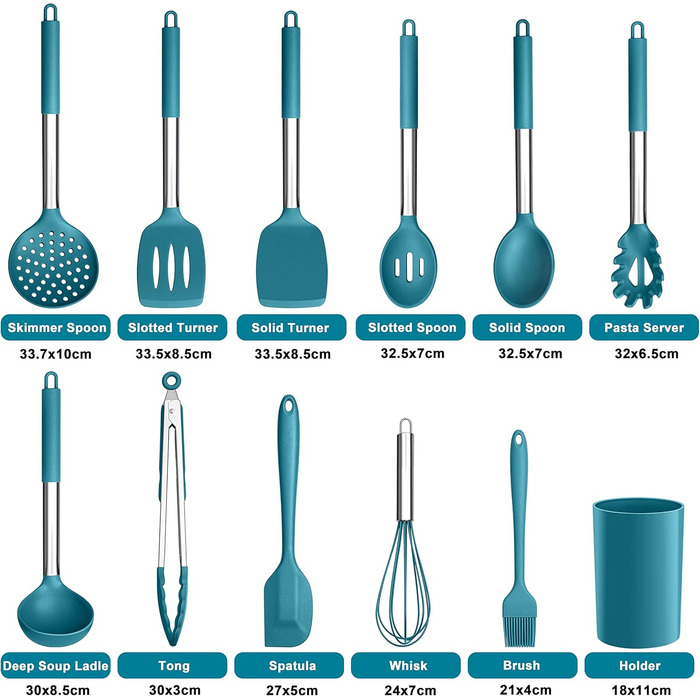 Набір кухонного інвентарю Herogo, 12 шт. Силіконові кухонні інструменти з нержавіючою сталею, термостійкі кухонні прилади, лопатки, ложки, шпателі з підставкою, легко миються (Блакитний)