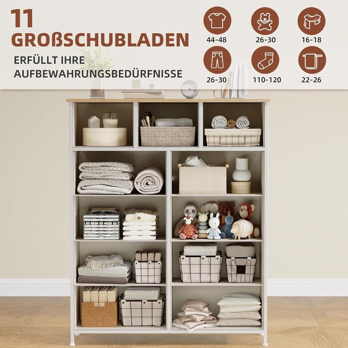 Тумбочка Somdot з висувними ящиками, тканинна тумбочка, тумбочка для спальні, вітальні, коридору, шафа з ящиками, 5 тканинних ящиків, білий колір, штучна шкіра (сірий, 30T x 100B x 118.5H см (11 ящиків))