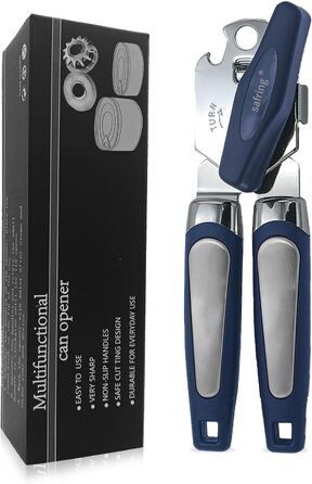 Відкривачка для консервів ручна, з нержавіючої сталі, з зручною ручкою, гостра клинка, гладка кромка, з функцією відкривання пляшок (Блакитна)