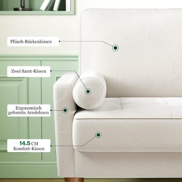 Диван Vesgantti 2-місний, 121 см, сучасний, з 2 подушками, білий, для вітальні/квартири/офісу