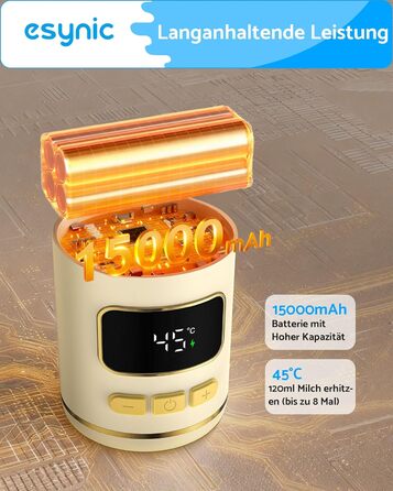 eSynic Підігрівач для пляшечок 450мл з акумулятором 15000mAh, портативний, швидкий нагрів (2-3 хв), для дитячого харчування та води, USB-C, BPA-free, з боросилікатного скла, для подорожей та нічного годування