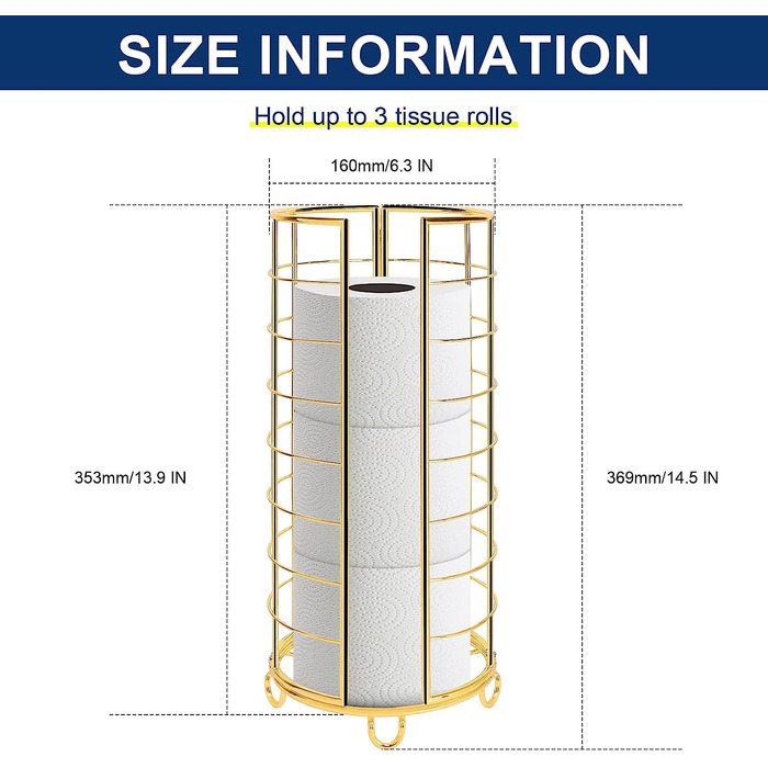 Підставка для органайзера для туалетного паперу NearMoon, що окремо стоїть, 3 рулони, для зберігання туалетного паперу, металеві аксесуари для ванної кімнати, стільниця у внутрішній шафі, матово-чорна (золота)