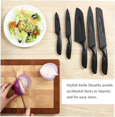 Набір кухонних ножів Hecef 15 предметів з бруском, чорний колір, антипригарне покриття, безпечний для миття в посудомийній машині, самозаточуваний брусок, ергономічні ручки, набір ножів для кухні для початківців та любителів готування (6 шт)