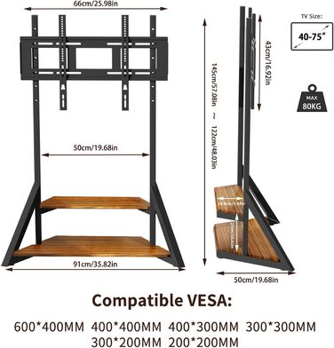 Стійка для телевізора Boden 65-100 дюймів з поличкою та колесами, VESA 800x600, до 100 кг