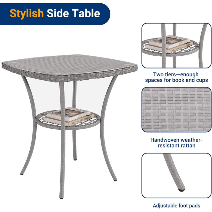 Набір садових меблів UDPATIO для балкона/тераси: стіл та 2 стільці з поліротангу (сірий)