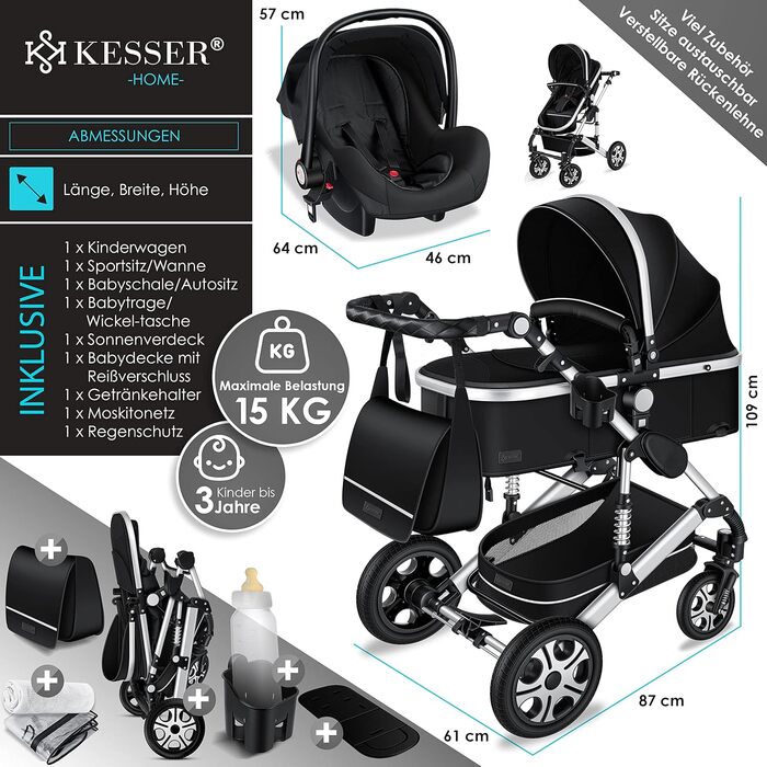 KESSER® Loops: Коляска 3-в-1 для дітей з люлькою, автокріслом та прогулянковим блоком. Комплект включає: автокрісло, люлька, прогулянковий блок, візок, колеса з повним покриттям, сумка для підгузків, дощовик, столик для дитини. Відповідає стандарту ECE R1