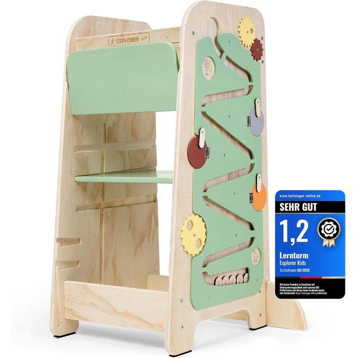 Дерев'яний навчальний столик-лесенка EXPLORER Kids® Montessori 5-в-1 | Регульована висота, захист від падіння, захист від перекидання | Розвиває моторику, цифри та форми | Білий та салатовий кольори | Для дітей від 1 року