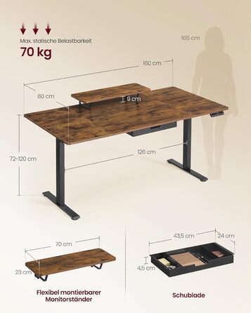 Стол для роботи VASAGLE з регулюванням висоти, 160 x 80 см, з підставкою для монітора, шухлядою та USB-C, нагадування про рух, для офісу, вінтажний коричневий