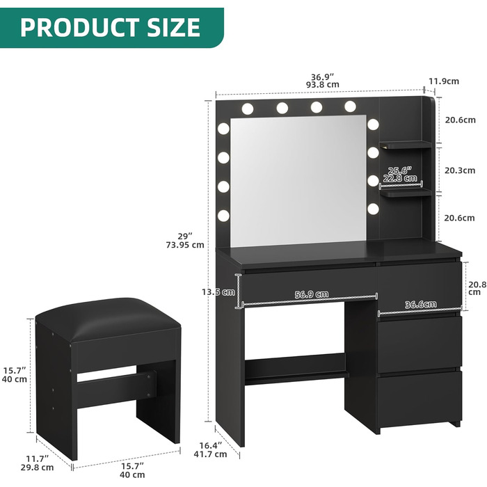 Дзеркальний туалетний столик YITAHOME з підсвічуванням та 4 шухлядами, чорний