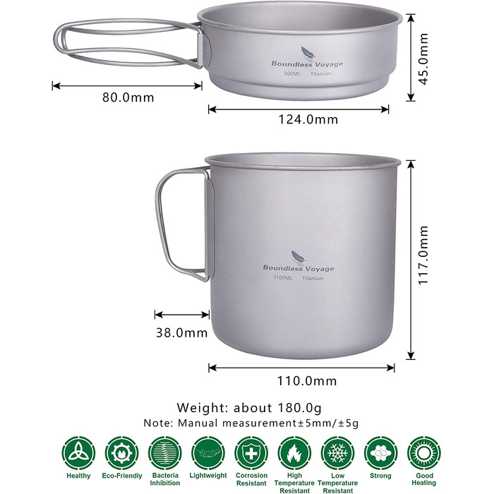 Набір посуду iBasingo Titan Becher Pfannen Set: 1100мл та 300мл для кемпінгу, туризму та пікніків. Легкий та компактний посуд з нержавіючої сталі з ручками-складанням. Набір для однієї людини Ti2053C