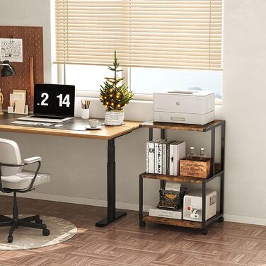 CAIYUN Стіл для принтера, стійка для принтера з фіксуючими колесами, візок для принтера на коліщатках з 3 рівнями, дерев'яно-металева конструкція, міцний і простий у збиранні, 30 x 44 x 65 см, (Коричневий)