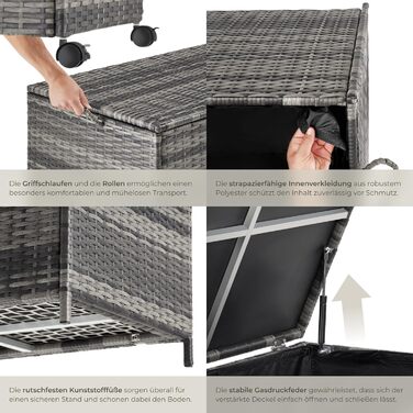 Скриня для саду Tectake з ротангу (поліротанг) чорна, 297л, 117x54x64 см - водонепроникна, з кришкою, на колесах, для тераси, балкону