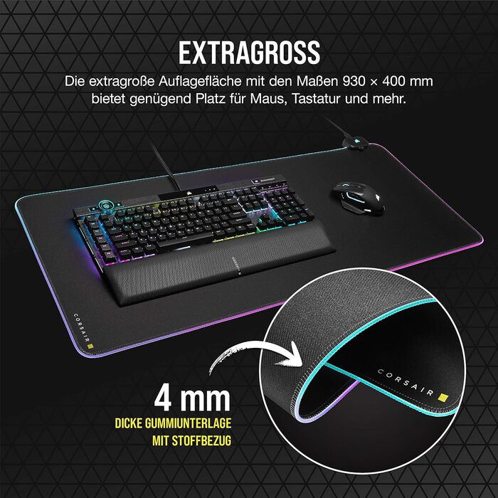 Килимок для миші Corsair MM700 RGB Extended - 930x400 мм - RGB підсвітка 360° - USB хаб - чорний