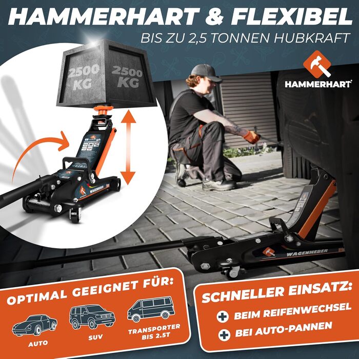 Гідравлічний домкрат HAMMERHART 3T з низьким профілем, 75-505мм, колеса 360°, подвійний поршень, гумові накладки, T-ручка - перевірена якість TÜV