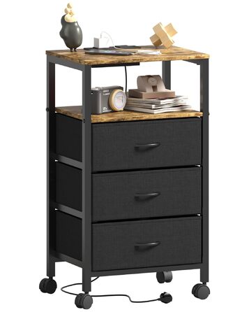 Нічний столик з бездротовою зарядкою, 2 розетки AC та 2 USB-порти, 3 шухляди, коліщатка, вінтажний дизайн, чорно-коричневий (для вітальні, спальні)
