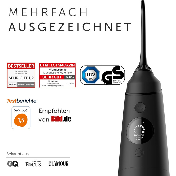 Wondersmile Munddusche PRO: Переможець тесту 2024 року, TÜV-сертифікована, 100 днів без ризику, SmoothFlow для догляду за зубами та яснами, 5 режимів, акумулятор PowerAkku (30 днів), Ultimate Black