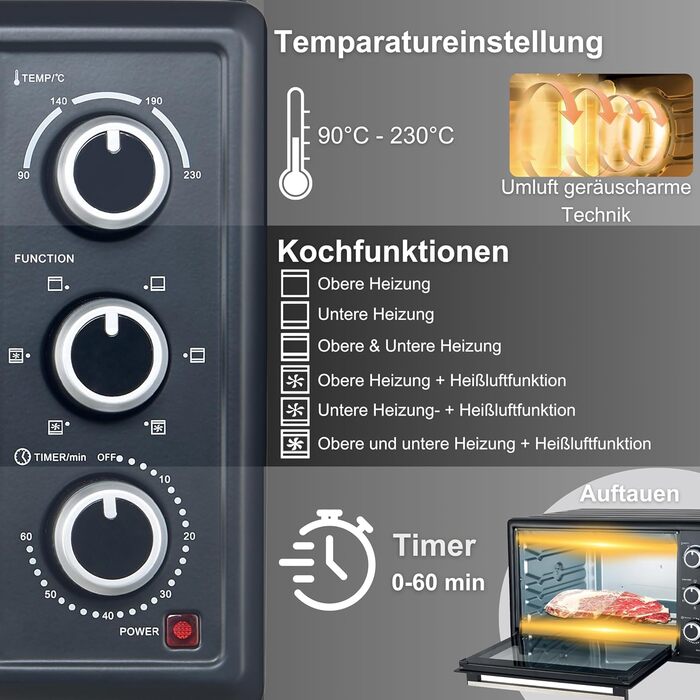Міні-піч OptimumX 20L з конвекцією, таймером на 60 хв, для піци, 1380 Вт, чорна