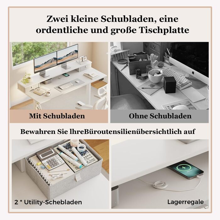 Регульований за висотою стіл Klicelor з двома висувними ящиками, електричний, для роботи стоячи, ергономічний, 100 x 60 см, білий