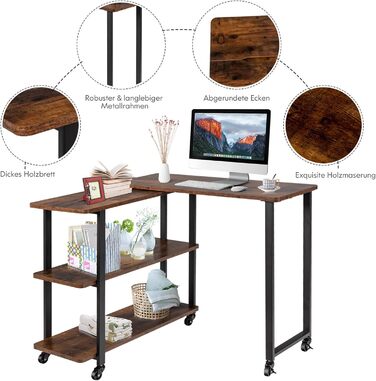 Подібний журнальний столик з коліщатками, диванний стіл з 2 полицями, стіл для ПК, багатофункціональний столик для ноутбука, комп'ютерний стіл, домашній закусочний стіл, поворотний на 360, промисловий дизайн Сільський коричневий