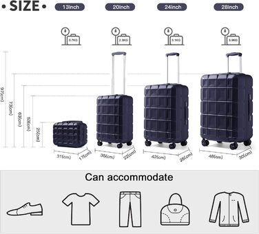 KONO Набір валіз 4 в 1: велика, середня, маленька та beauty case. Сучасний дизайн, ABS пластик, TSA замок, 4 колеса, темно-синій колір.