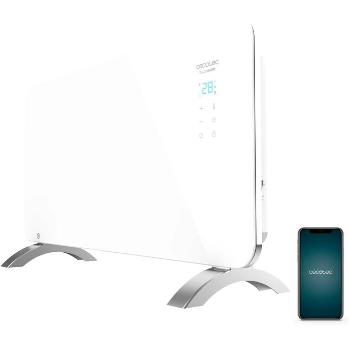 Конвектор Cecotec Ready Warm 6750 Crystal Connection з скляною панеллю, 2000 Вт, WiFi, термостат, таймер, підставка, для ванної кімнати (IP24), тихий, білий