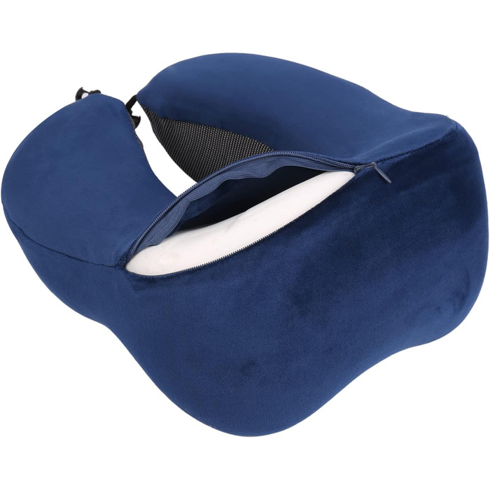 Набір подушок для шиї WELLGRO з 3D маскою для сну і затичками для вух - знімний чохол - Застібка-блискавка з піноматеріалу з ефектом пам'яті - в комплекті. Сумка для зберігання - Дорожня подушка-вибір кольору, Колір темно-синій