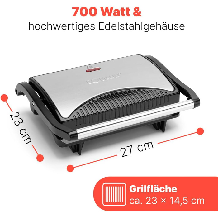 Контактний гриль Bomann® MG 2251 CB: 700W, антипригарне покриття, для безжирового приготування, Panini Grill | Тостер-гриль