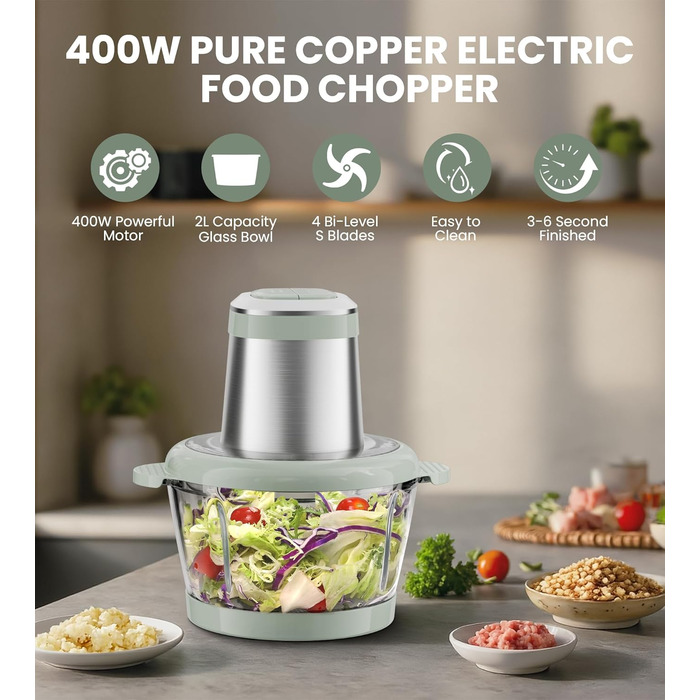 Електричний подрібнювач для кухні ESoundvol 400W з чашею 2л та 4 лезами з нержавіючої сталі - для м'яса, овочів, горіхів, дитячого харчування
