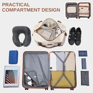 Набір валіз KONO 6-ти частинний: велика валіза, середній кофр, ручна сумка, косметичка. Колір: білий/коричневий