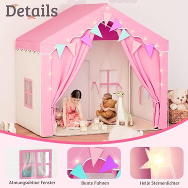 Дитяче намет-ігровий будиночок EROMMY 2-в-1 з килимком, прапорцями та світлодіодними смугами, з двома дверцятами, з даховим віконцем, для дому, 3+ роки (Рожевий)