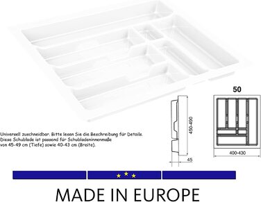 Універсальна вставка для столових приладів BigDean для висувних ящиків 50 см - ріжеться за розміром - вставка для пластикових ящиків 430x490 мм, Європейський ящик для столових приладів (43x49 см для висувних ящиків 50 см, білий)