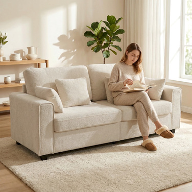 Бежевий тримісний диван з оксамитовою оббивкою 