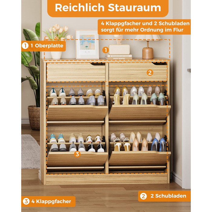 Шкаф для взуття IRONCK з 4 дверцятами, вузький, з 2 висувними ящиками, окремо розташований, з регульованими перегородками, для прихожого, входу та вітальні (білий). Матеріал: дерево. Розміри: 100x23.5x98 см