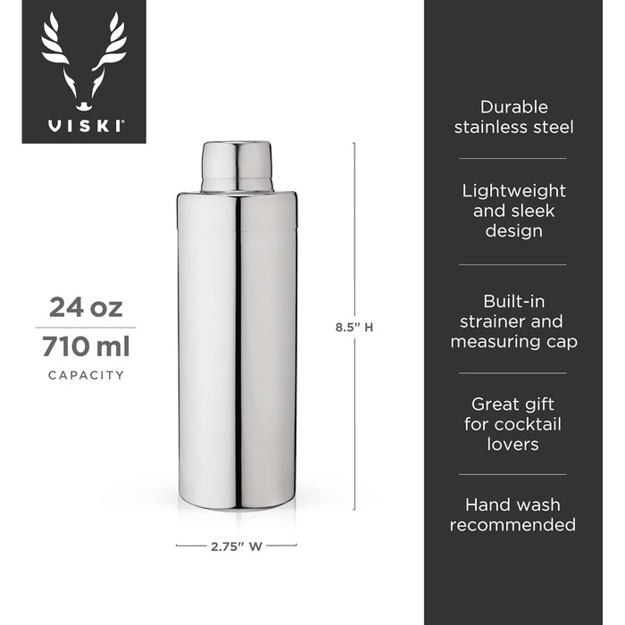 Шейкер для коктейлів Viski Rocket з фільтром: для холодного кофе, маргарити, еспресо. Нержавіюча сталь, аксесуари для дому, бар, барменські інструменти, подарунок. Срібний (Element Cocktail Shaker)