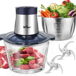 М'ясорубка електрична Bear 2л + 1.8л, подрібнювач зі скляною та нержавіючою сталлю, 600W, 2 швидкості, 4 сталеві ножі для м'яса, дитячого харчування, овочів та фруктів