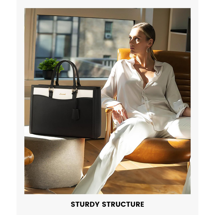 LOVEVOOK Сумка для ноутбука 15.6 дюймів, жіноча, велика, з натуральної шкіри, сумка-шоппер, сумка-тоут, для роботи, навчання, універсальна, чорно-бежева