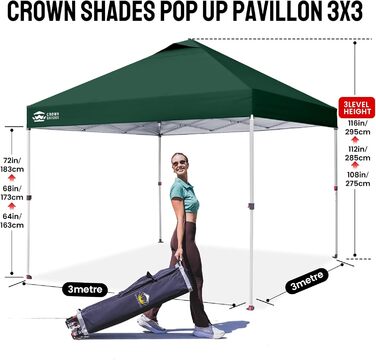 Павільйон CROWN SHADES 3x3: Водостійкий, Зимостійкий, з UV-захистом 50+, для кемпінгу та саду, регульована висота, з сумкою (лісово-зелений)