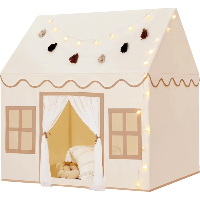 Дитяче намет-ігровий будиночок Wilwolfer з килимком для малюків: Принцесин будиночок з бахромою для дівчаток та хлопчиків - Великий намет для гри в приміщенні та на вулиці, кремовий колір