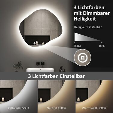 Асиметричне дзеркало для ванної кімнати Boromal з підсвічуванням 80x80 см LED, сенсорний вимикач, 3 кольори світла, регулювання яскравості
