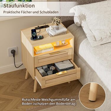 Набір з 2 приліжкових тумбочок з ротангу, LED-підсвічуванням, розетками, регульованим кольором, з відкритим простором та 2 висувними ящиками з ротангу, масивні дерев'яні ніжки, колір дерева (2 шт.)