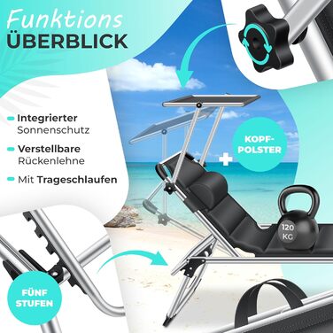 Розкішна шезлонг KESSER Sun з дахом для саду: регульована спинка, зручний матеріал, алюмінієвий каркас, портативна, чорний колір