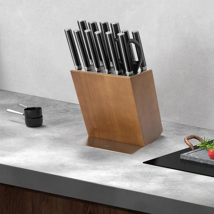 Набір ножів 14 предметів з бруском, кухонний набір ножів з дерев'яним бруском, леза з німецької сталі X50CrMoV15 (шеф-ніж, сантоку, ніж для стейка, ніж для овочів, ножиці). Чорний колір.