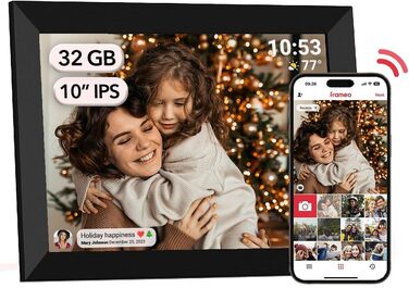 Цифровий фоторамка FRAMEO з Wi-Fi, 32GB, 10.1 дюйма, сенсорний екран, автоповорот, датчик руху, додаток Frameo