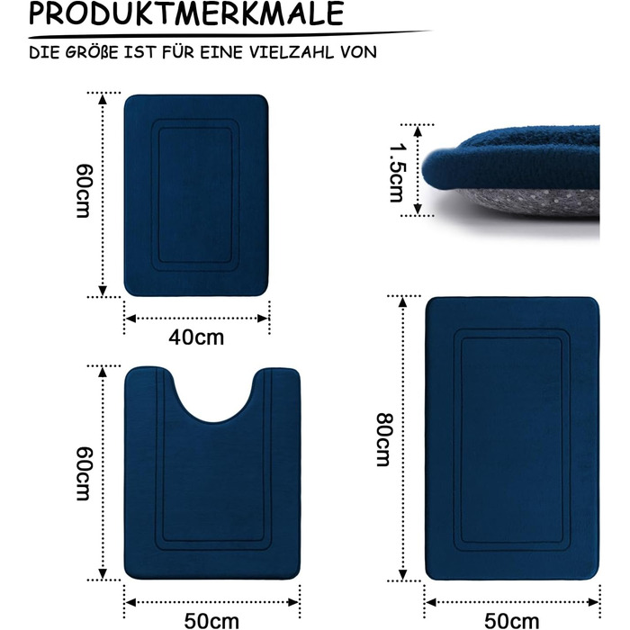 Набір килимків для ванної кімнати chakme з 5 предметів, піна з ефектом пам'яті, не ковзає, можна прати, темно-синій